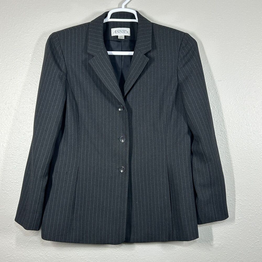 Casual Corner Annex Suit Jacket Womens 12 Gray Pinstripe Button Front Lined